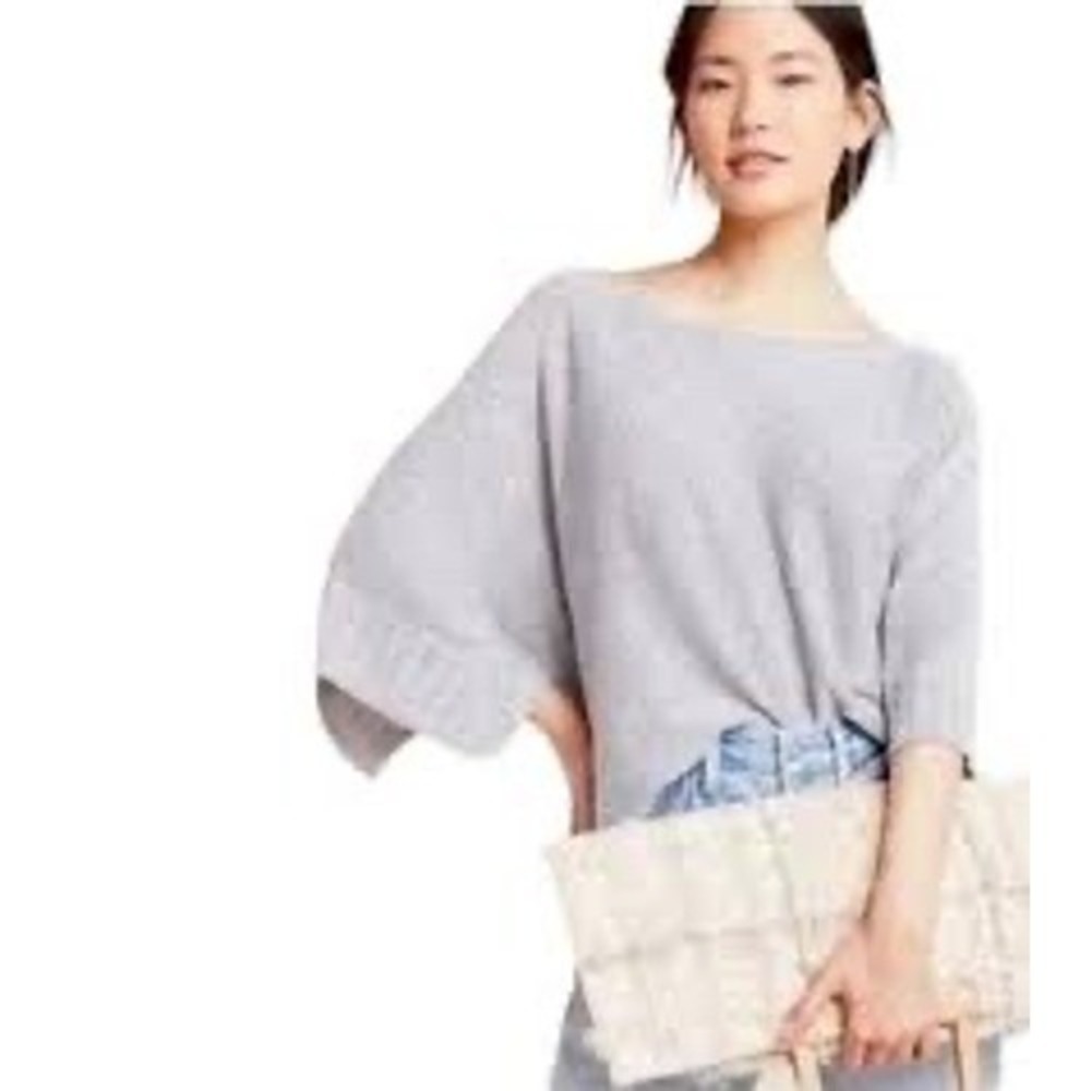 By Anthropologie Shimmer linen‎ Knit Oversized Boxy Poncho Top Silver M boho